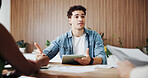 Meeting, tablet and man with clients in creative agency, marketing campaign info or feedback for launch. Talk, tech or marketer with brand representative for planning, objectives or budget guidelines