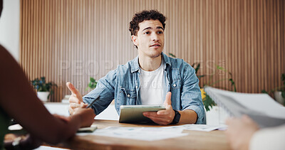 Buy stock photo Meeting, tablet and man with clients in creative agency, marketing campaign info or feedback for launch. Talk, tech or marketer with brand representative for planning, objectives or budget guidelines
