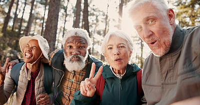 Buy stock photo Portrait, selfie and old people in nature for hike, bonding and memory with friends on social media. Hiker, flare and senior group with peace sign, profile picture and diversity on adventure trip
