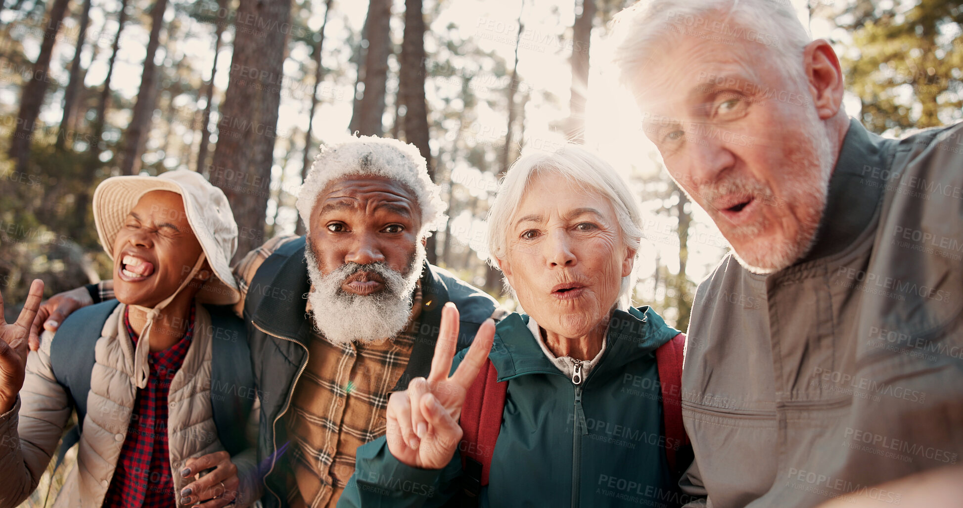 Buy stock photo Portrait, selfie and old people in nature for hike, bonding and memory with friends on social media. Hiker, flare and senior group with peace sign, profile picture and diversity on adventure trip