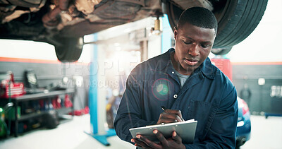 Buy stock photo Mechanic, inspection and black man with checklist and car in repair shop for diagnostic, transport or calibration. Engineering, maintenance and person with lens flare in garage for service report