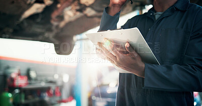 Buy stock photo Mechanic, clipboard and hands of man with car for inspection, checklist and vehicle diagnostics. Workshop, garage and person with list for motor repair, maintenance and technician for engine service