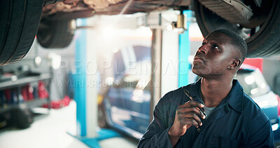 Buy stock photo Mechanic, thinking and black man with inspection in car repair shop for diagnostic, transport or calibration. Engineering, maintenance or motor technician with person in garage for service report