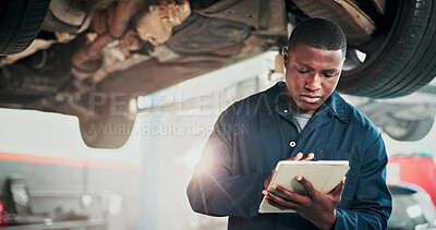 Buy stock photo Mechanic, garage and man with tablet for car service, auto maintenance and damage assessment on web. Workshop, scroll and person with tech for vehicle inspection, flare and motor quality assurance