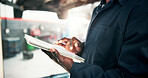 Mechanic, inspection and hands with tablet and car in repair shop for diagnostic system, transport or calibration. Engineering, maintenance or technician with person in garage for service report