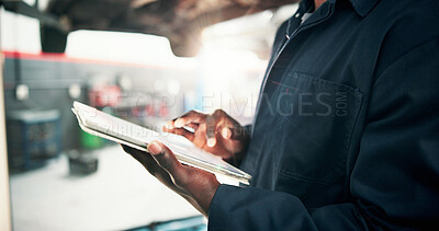 Buy stock photo Mechanic, inspection and hands with tablet and car in repair shop for diagnostic system, transport or calibration. Engineering, maintenance or technician with person in garage for service report