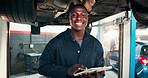 Mechanic, portrait and black man with tablet in car repair shop for diagnostic system, transport or calibration. Engineering, maintenance and technician with happy person in garage for service report
