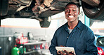 Mechanic, portrait and black man with tablet and car in repair shop for diagnostic system, transport or calibration. Engineering, maintenance and technician with person in garage for service report