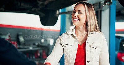 Buy stock photo Happy woman, customer or handshake with mechanic for repair, fix or automotive service garage. Female person, engineer or shaking hands with smile for mechanical inspection or agreement in workshop