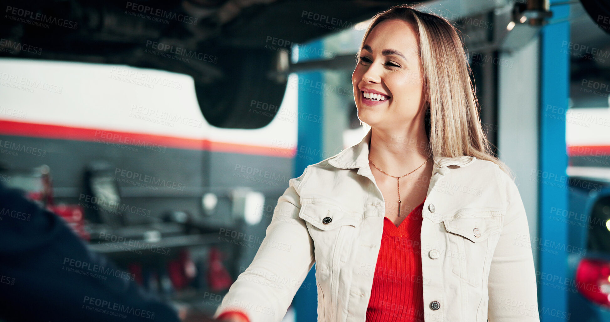 Buy stock photo Happy woman, customer or handshake with mechanic for repair, fix or automotive service garage. Female person, engineer or shaking hands with smile for mechanical inspection or agreement in workshop