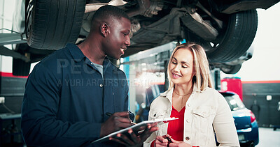 Buy stock photo Garage, customer and man with clipboard for car service, discussion and happy with damage assessment. Repair shop, mechanic and woman with smile for vehicle maintenance, flare and consultation notes