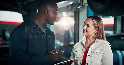Buy stock photo Happy, customer and man with clipboard in garage, discussion and consultation for damage assessment. Repair shop, mechanic and woman with smile for car service, flare or quote for vehicle maintenance