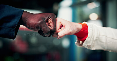 Buy stock photo People, fist bump and customer with mechanic for good job, excellent service or thank you in garage. Interracial agreement, hands and touch with satisfaction for meeting, greeting or done repair
