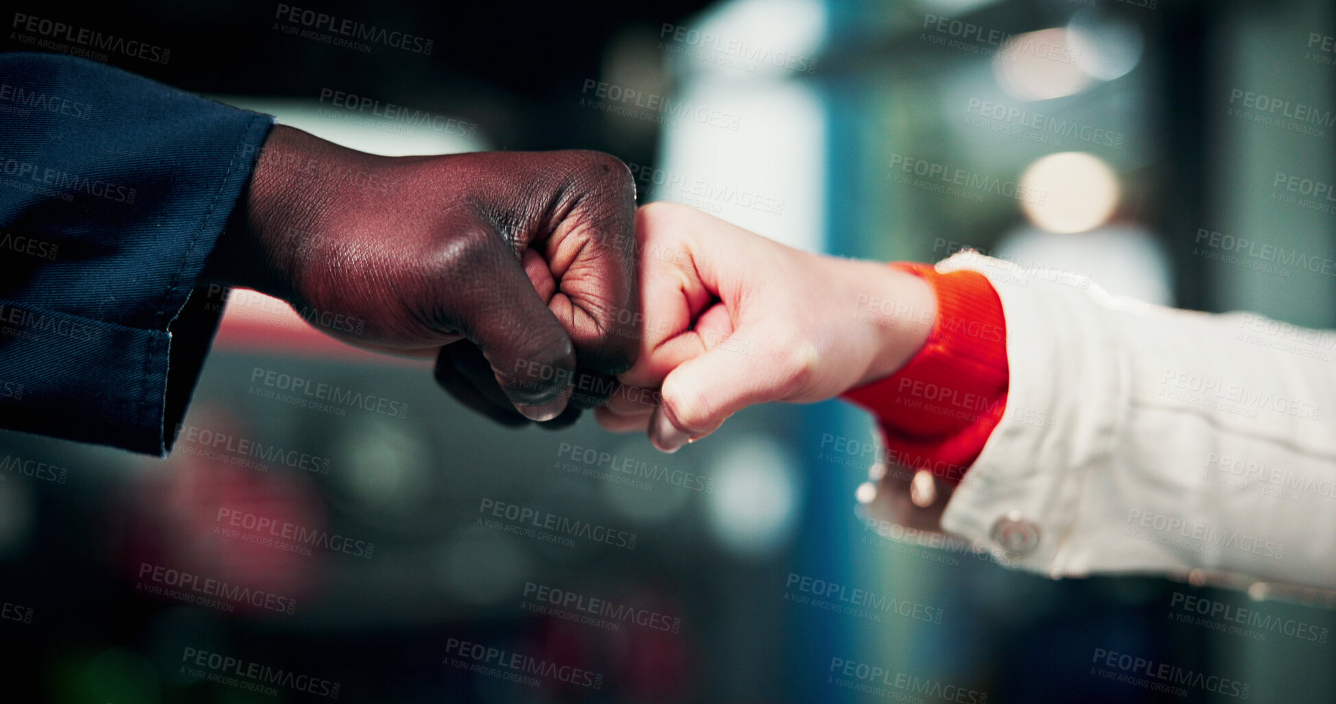Buy stock photo People, fist bump and customer with mechanic for good job, excellent service or thank you in garage. Interracial agreement, hands and touch with satisfaction for meeting, greeting or done repair