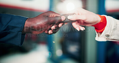 Buy stock photo Car, keys and hands of mechanic with client for done with auto service, repair and maintenance. Workshop, garage and people giving vehicle remote for diagnostics, inspection and quality assurance
