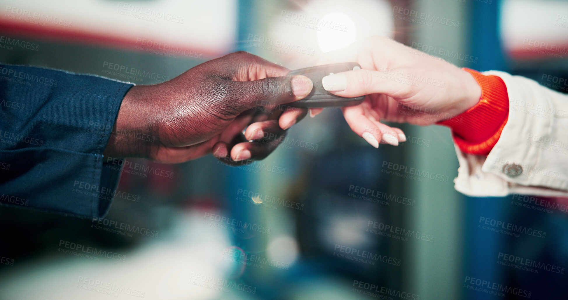 Buy stock photo Car, keys and hands of mechanic with client for done with auto service, repair and maintenance. Workshop, garage and people giving vehicle remote for diagnostics, inspection and quality assurance