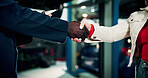 People, customer or handshake with mechanic for fix, automotive service or repair in garage. Engineer, client and shaking hand with agreement for deal, mechanical diagnostic or thank you in workshop