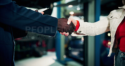 Buy stock photo People, customer or handshake with mechanic for fix, automotive service or repair in garage. Engineer, client and shaking hand with agreement for deal, mechanical diagnostic or thank you in workshop