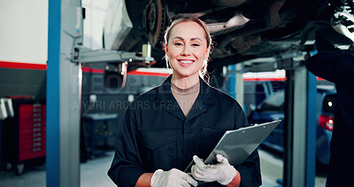 Buy stock photo Mechanic, woman or workshop portrait with clipboard for car inspection, diagnostic notes or flare. Technician, auto repair or happy person with checklist for maintenance, calibration or service quote