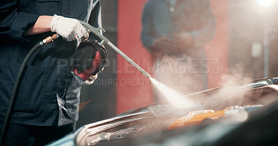 Buy stock photo Mechanic, car and person with pressure washer for cleaning, maintenance and auto service. Workshop, garage and people with tools for vehicle inspection, fixing and performance for engine repair