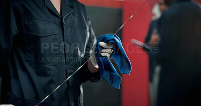 Buy stock photo Mechanic, car and person with oil dipstick for cleaning, maintenance and auto service. Workshop, garage and people with equipment for vehicle inspection, fixing and performance for engine repair