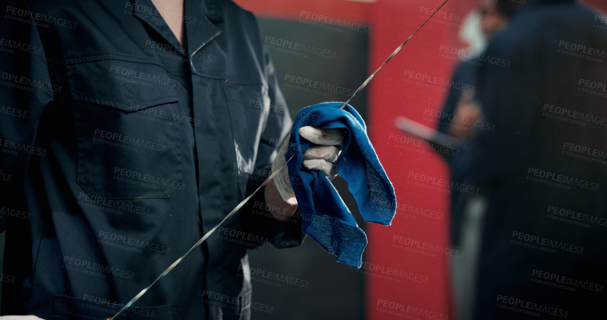 Buy stock photo Mechanic, car and person with oil dipstick for cleaning, maintenance and auto service. Workshop, garage and people with equipment for vehicle inspection, fixing and performance for engine repair
