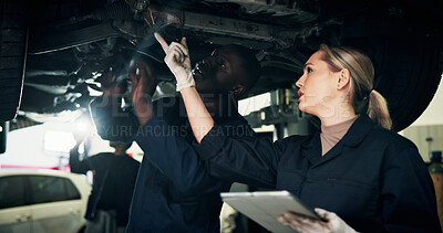 Buy stock photo Mechanic, workshop and people on tablet with car for inspection, report and vehicle diagnostics. Team, garage and woman with tech for motor repair, maintenance and technician for engine service