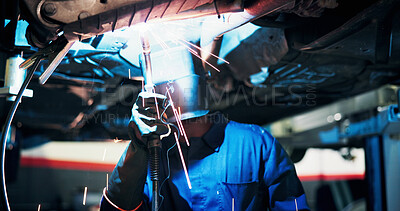 Buy stock photo Mechanic, welding and man with tools by car for diagnostics, maintenance and auto service. Workshop, flare and technician with equipment for vehicle inspection, fixing and engine repair with helmet