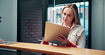 Paperwork, sign and woman at front desk at car dealership for auto service, rental and contract. Reception, business and client with clipboard, documents and forms for lease, insurance and checklist