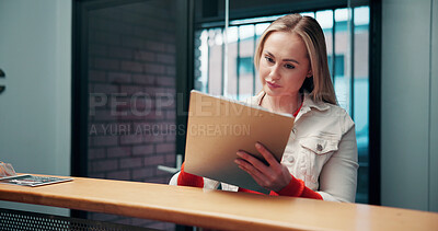 Buy stock photo Paperwork, sign and woman at front desk at car dealership for auto service, rental and contract. Reception, business and client with clipboard, documents and forms for lease, insurance and checklist
