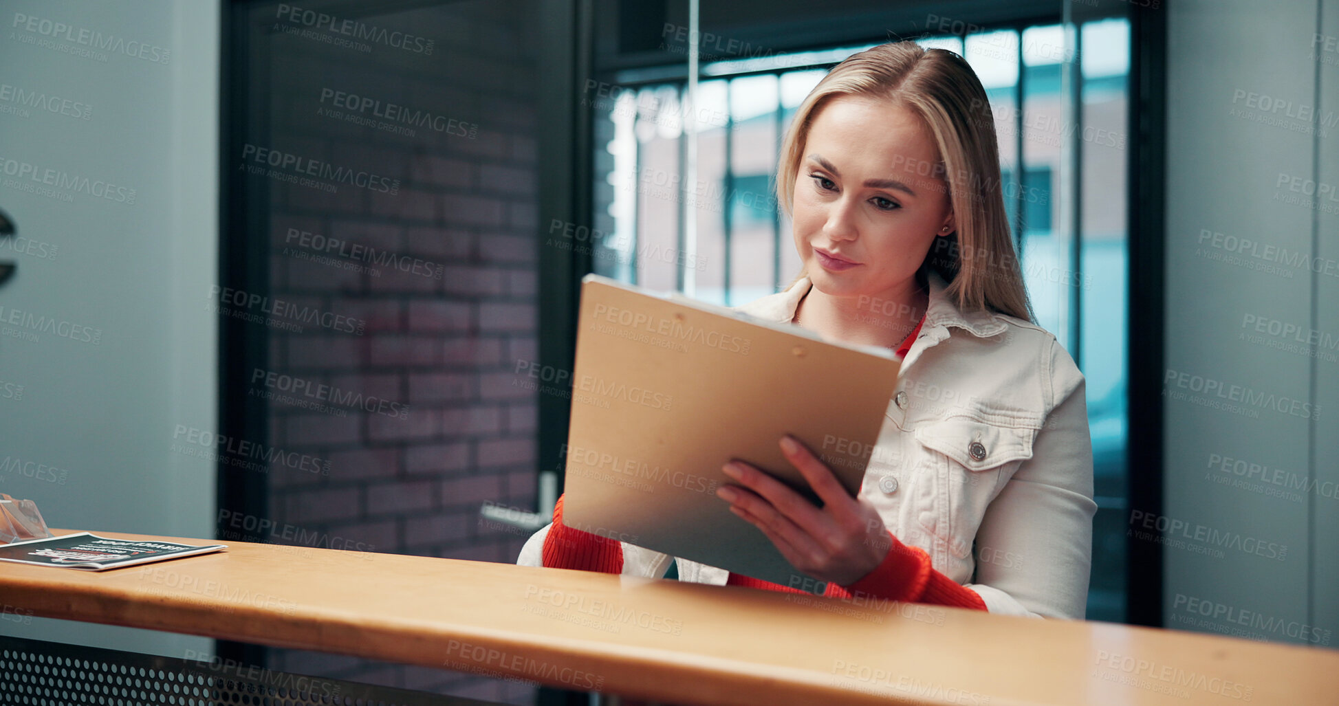 Buy stock photo Paperwork, sign and woman at front desk at car dealership for auto service, rental and contract. Reception, business and client with clipboard, documents and forms for lease, insurance and checklist