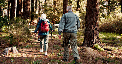 Buy stock photo Hiking, walking and back of senior people in forest for  wellness, active hobby and fresh air. Travel, retirement and elderly men and women on nature trail for adventure, health and exercise outdoor
