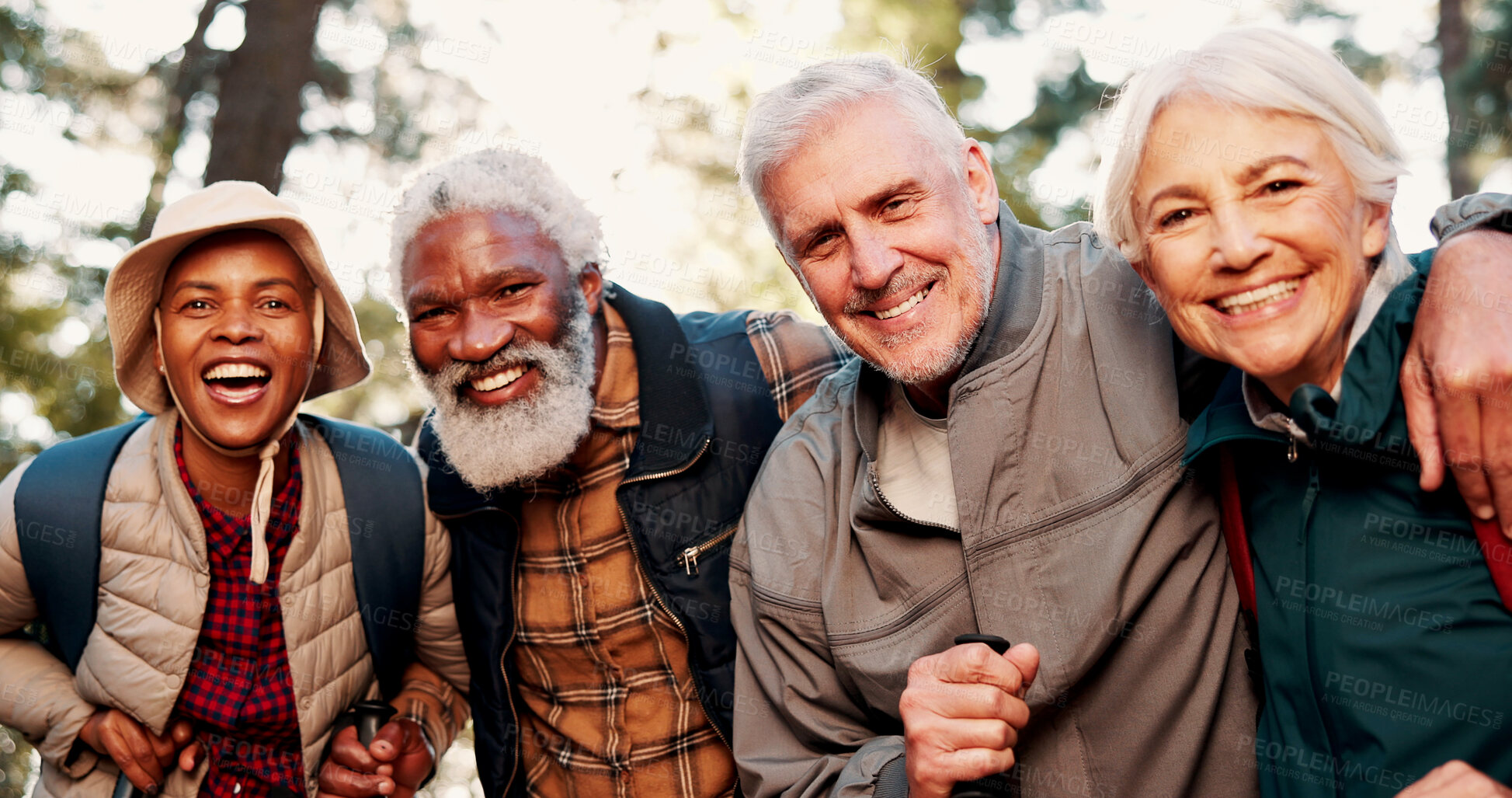 Buy stock photo Happy, hiking and portrait of senior people in nature for trekking, fresh air and adventure together. Retirement, friends and men with women outdoor for wellness, health and exercise for active hobby