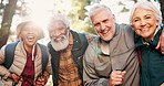 Old people, portrait and hiking with friends in nature for adventure, flare and laughing on holiday. Outdoor, backpacker and senior group with humor for joke, diversity and happy together for reunion