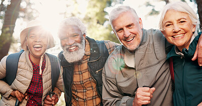 Buy stock photo Old people, portrait and hiking with friends in nature for adventure, flare and laughing on holiday. Outdoor, backpacker and senior group with humor for joke, diversity and happy together for reunion