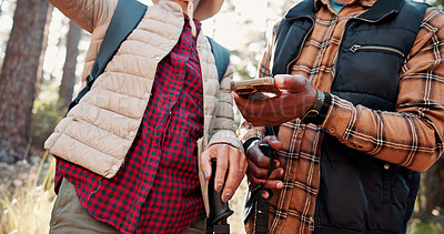 Buy stock photo Hiking, phone and hands on mountain search for navigation, direction and digital map for journey. Travel, friends and people on technology for location, trail and trekking on adventure in nature