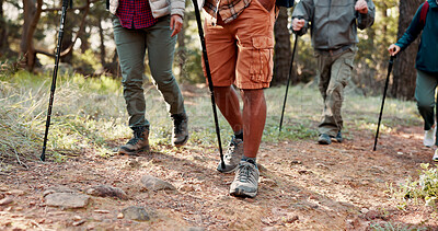 Buy stock photo Legs, people and trekking pole in forest for travel adventure, field research or nature observation. Ecology team, sticks and group feet on hiking expedition for eco tourism, explore trail or journey