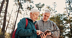 Hiking, old couple and travel with smartphone for direction, talk or search for location on website. Outdoor, backpacker and elderly people with mobile for digital map, low angle and lost together