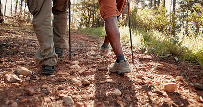 Buy stock photo Legs, people and hiking pole on trail for travel adventure, field research and nature observation. Back, balance and feet of team on trekking expedition for eco tourism, ecology journey and discovery