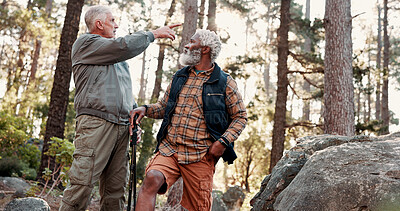 Buy stock photo Pointing, friends and old people in woods for hiking, travel navigation and bird watching expedition. Eco tourism, trekking or senior men on adventure to explore nature, show direction or sightseeing
