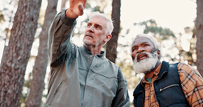 Buy stock photo Pointing, friends and old people in nature for hiking, travel navigation and bird watching expedition. Eco tourism, below and senior men with trekking to explore forest, show direction and adventure