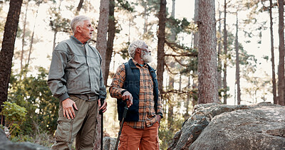 Buy stock photo Hiking, walking and senior men in forest for wellness, active hobby and fresh air together. Travel, retirement and elderly people on nature trail for adventure, health and exercise outdoor in morning