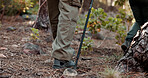Legs, person and trekking pole on trail for travel adventure, field research or nature observation. Ecologist back, balance and feet on hiking expedition for eco tourism, exploring forest and journey