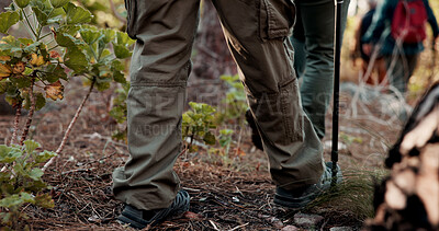 Buy stock photo Legs, group and hiking pole on trail for travel adventure, field research and nature observation. Back, balance and feet of people on trekking expedition for eco tourism, ecology journey or discovery