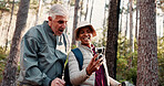 Nature, hiking and selfie with people and silly for adventure with retirement, wellness and health. Travel, picture and mature interracial couple with digital tech for social media, memory and post