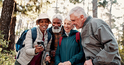 Buy stock photo Nature, hiking and selfie with people and smile for adventure with retirement, wellness and health. Travel, picture and mature friend group with digital tech for social media, memory and post