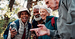 Nature, hiking and selfie with group of people and smile for adventure with retirement, wellness and health. Travel, picture and mature friends with digital tech for social media, memory and post