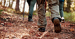 Fitness, people and legs with hiking in woods for adventure, cardio exercise and exploring nature. Back, friends and trekking on trail for wellness journey, weekend break and hobby in countryside