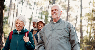 Buy stock photo Senior, friends and happy hiking in forest for travel adventure, sightseeing nature and walk. Active retirement, old people and trekking together in woods for exploring, fresh air and wellness hobby