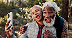 Nature, hiking and selfie with silly couple and smile for adventure with retirement, wellness and health. Travel, picture and mature people with digital tech for social media, memory and post